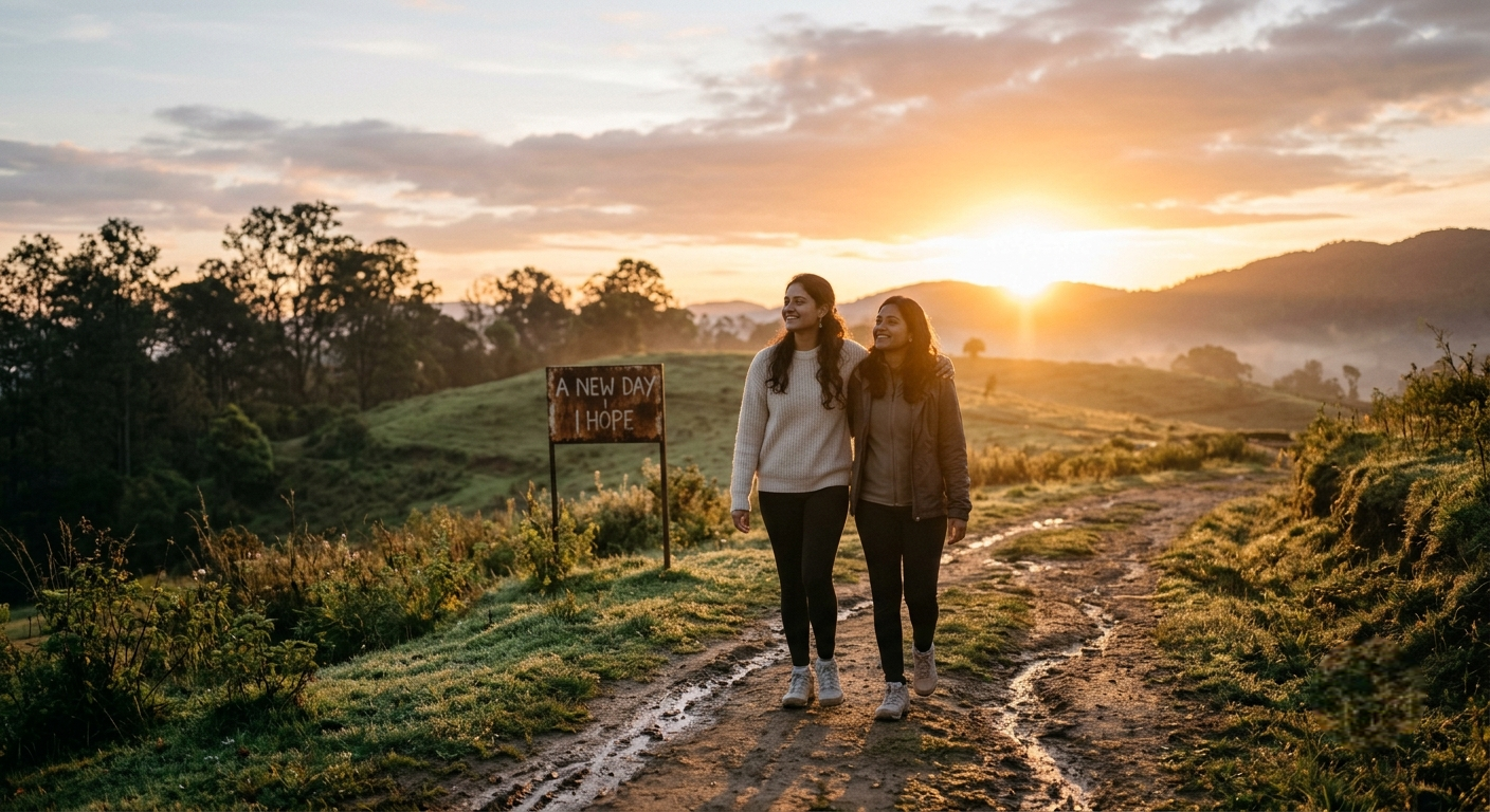 Two women walking together at sunrise symbolizing hope, emotional healing, and recovery through mental health support.