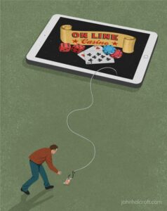 Illustration showing online casino gambling addiction pulling a person in