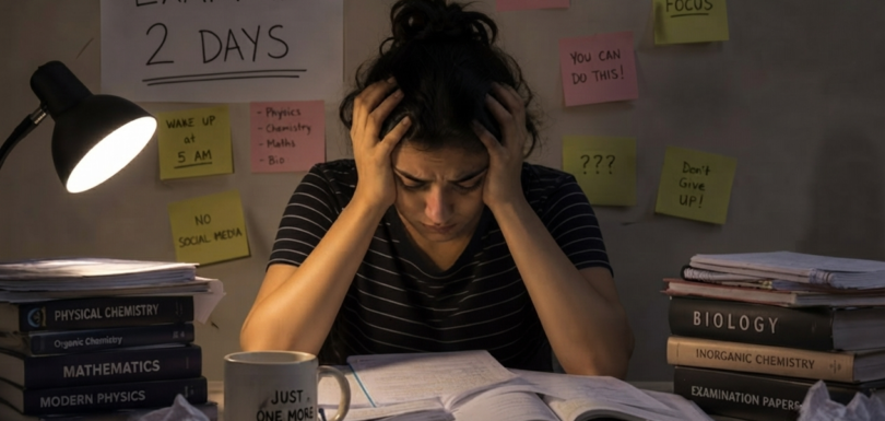 Student under exam stress and anxiety, showing signs of academic burnout and overthinking before board and NEET exams