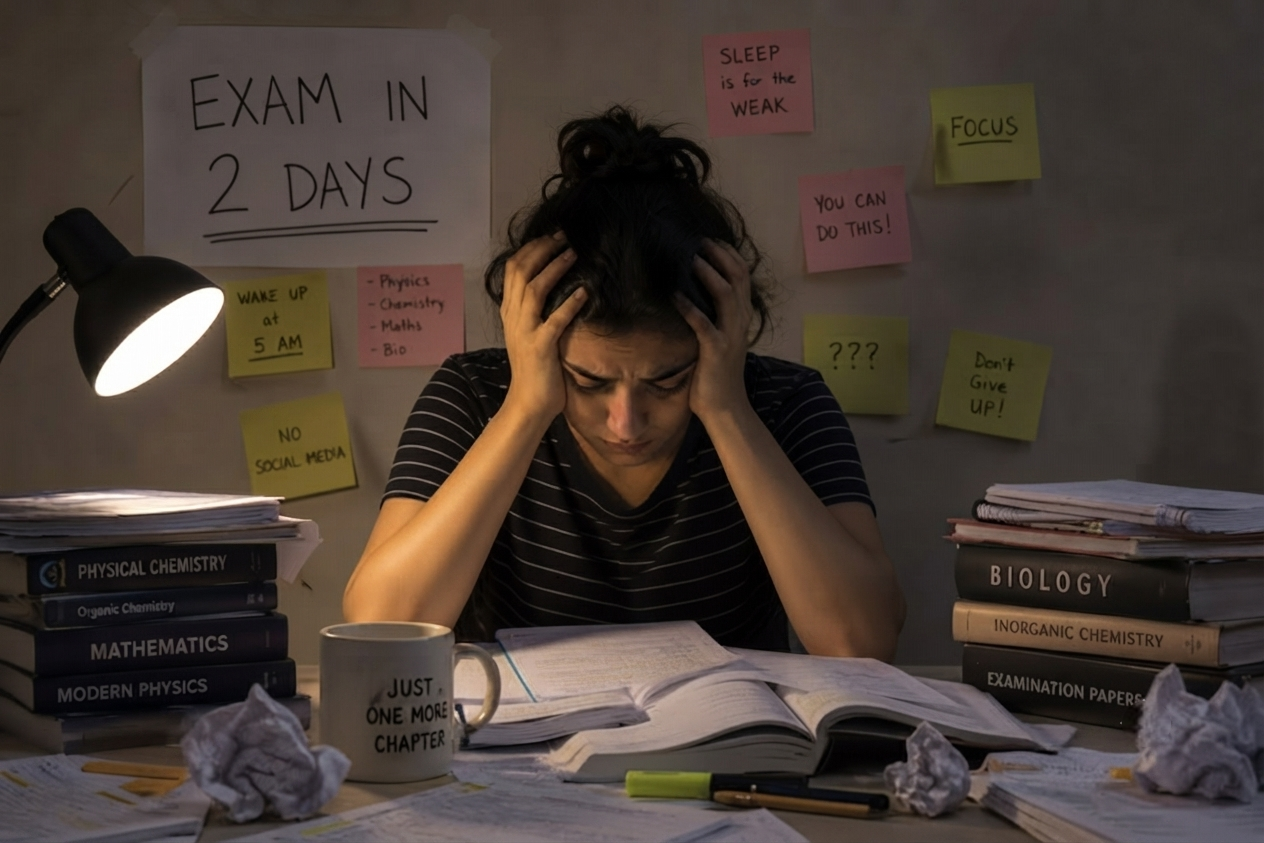 Student under exam stress and anxiety, showing signs of academic burnout and overthinking before board and NEET exams