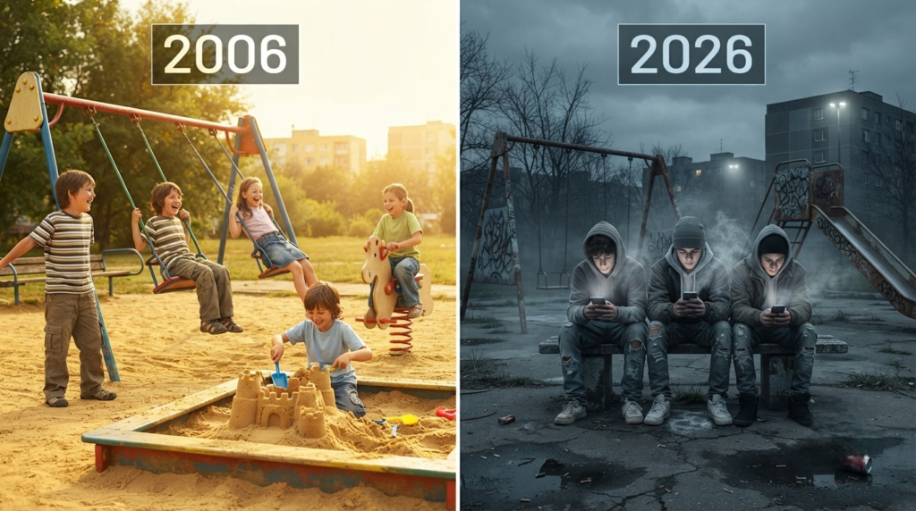 Comparison of children playing outdoors in 2006 versus children on screens in 2026 showing digital addiction impact