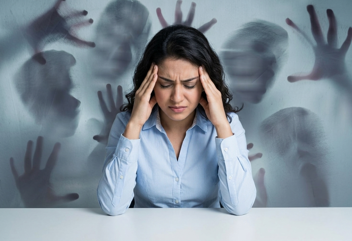 Woman experiencing psychological distress with blurred figures in the background representing symptoms of untreated mental health conditions.