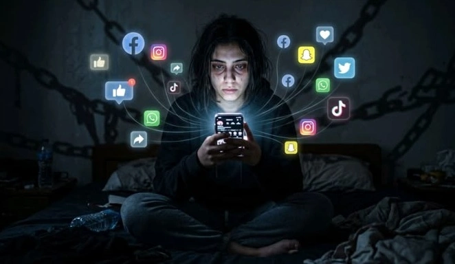 Young adult scrolling social media at night, linked to comparison, low self-esteem, and rising anxiety in youth