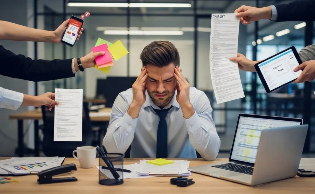 Young professional overwhelmed by work stress, an early sign of anxiety and depression in young adults