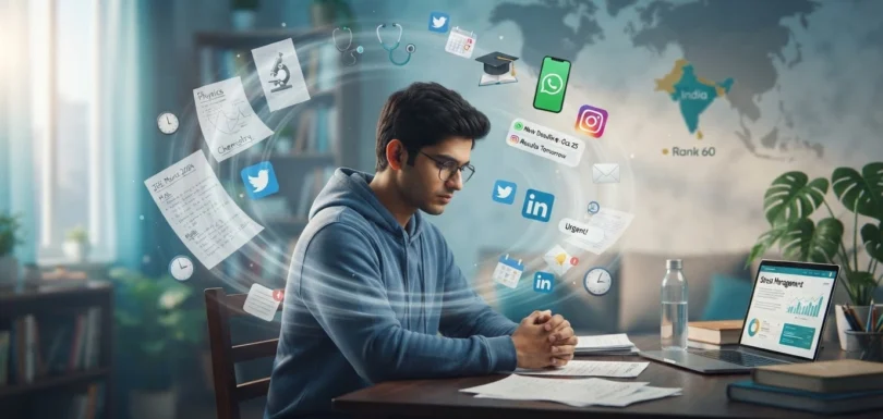 Young adult experiencing digital overload and work stress affecting mental health
