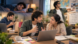 Young South Asian man showing unusually high energy and rapid communication while a concerned family member observes, illustrating warning signs of a manic episode.