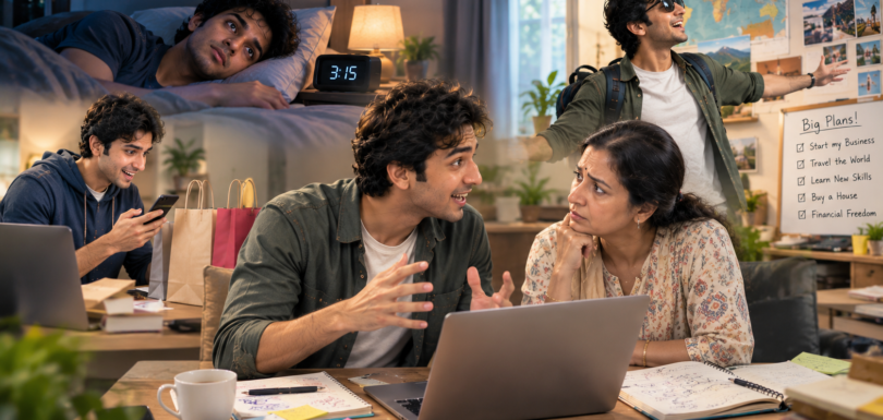 Young South Asian man showing unusually high energy and rapid communication while a concerned family member observes, illustrating warning signs of a manic episode.
