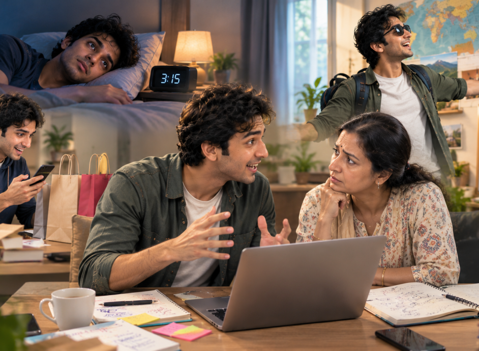 Young South Asian man showing unusually high energy and rapid communication while a concerned family member observes, illustrating warning signs of a manic episode.