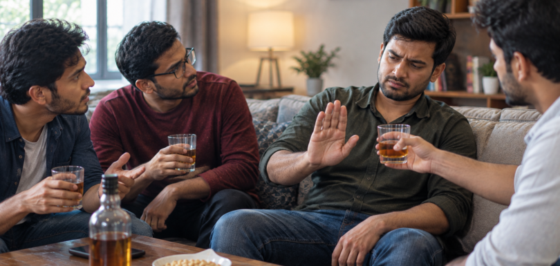 An Indian man sitting on a sofa with friends, raising his hand to refuse a glass of alcohol offered to him