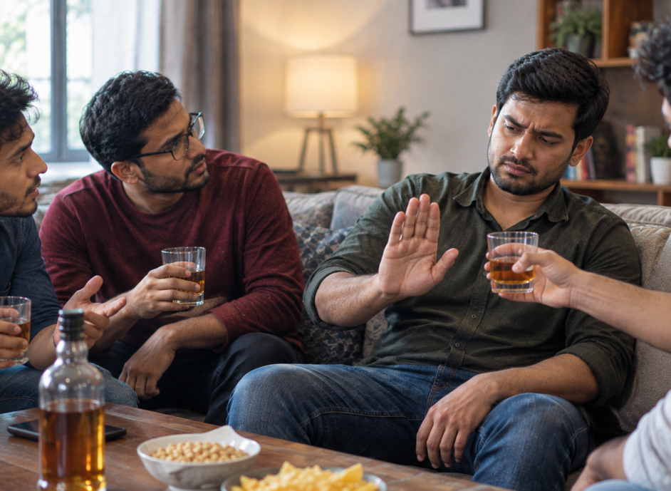 An Indian man sitting on a sofa with friends, raising his hand to refuse a glass of alcohol offered to him