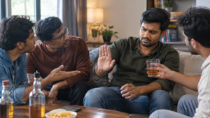 An Indian man sitting on a sofa with friends, raising his hand to refuse a glass of alcohol offered to him