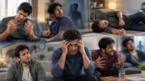 Man experiencing severe alcohol withdrawal symptoms including tremors, hallucinations, confusion, agitation, seizure, and delirium, highlighting warning signs requiring urgent medical care.