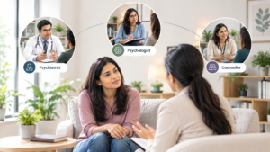 Psychiatrist, psychologist and counsellor providing mental health support in a modern clinic