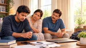 Indian family supporting a distressed young man at home, illustrating warning signs, possible causes, and family support related to relapse after rehab.