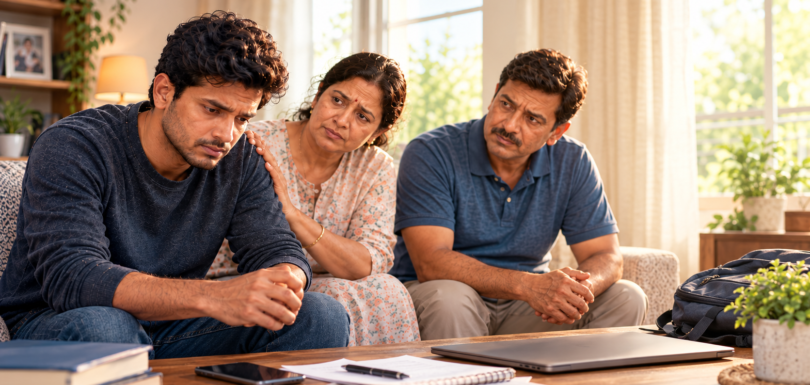 Indian family supporting a distressed young man at home, illustrating warning signs, possible causes, and family support related to relapse after rehab.