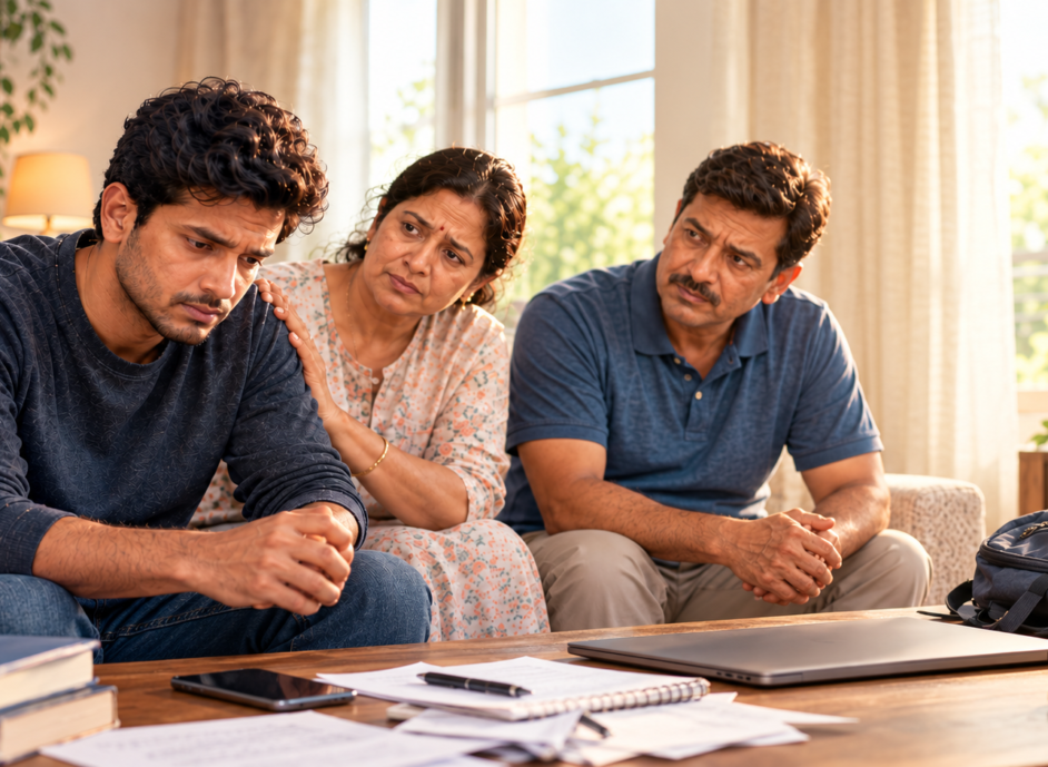 Indian family supporting a distressed young man at home, illustrating warning signs, possible causes, and family support related to relapse after rehab.